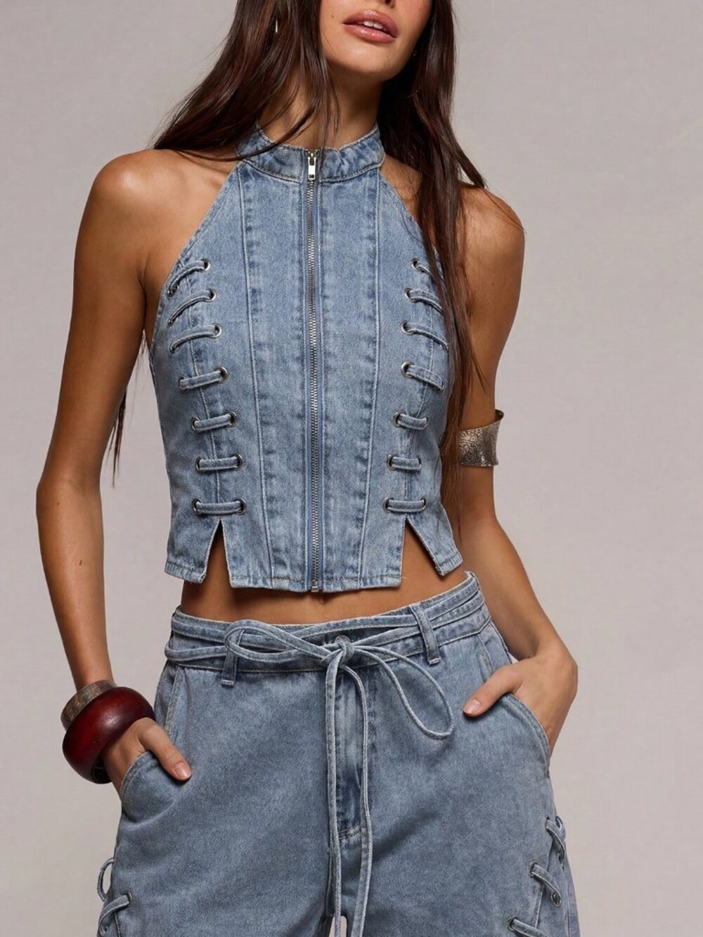 Light Wash Casual Women's High Neck Eyelet Lace Up Fitted Denim Top - Picture 6 of 6